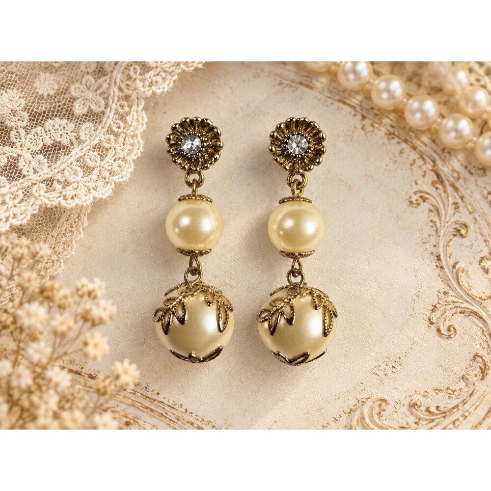 Vintage Faux Pearl Dangle Earrings Gold Tone Filigree Rhinestone Floral